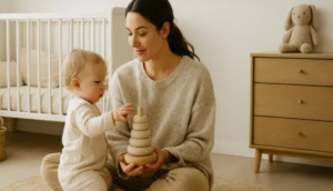 mamá con bebé en cuarto minimalista